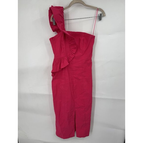 By Anthropologie One-Shoulder Ruffle Linen Column Midi Dress M Pink Preppy - Picture 2 of 11